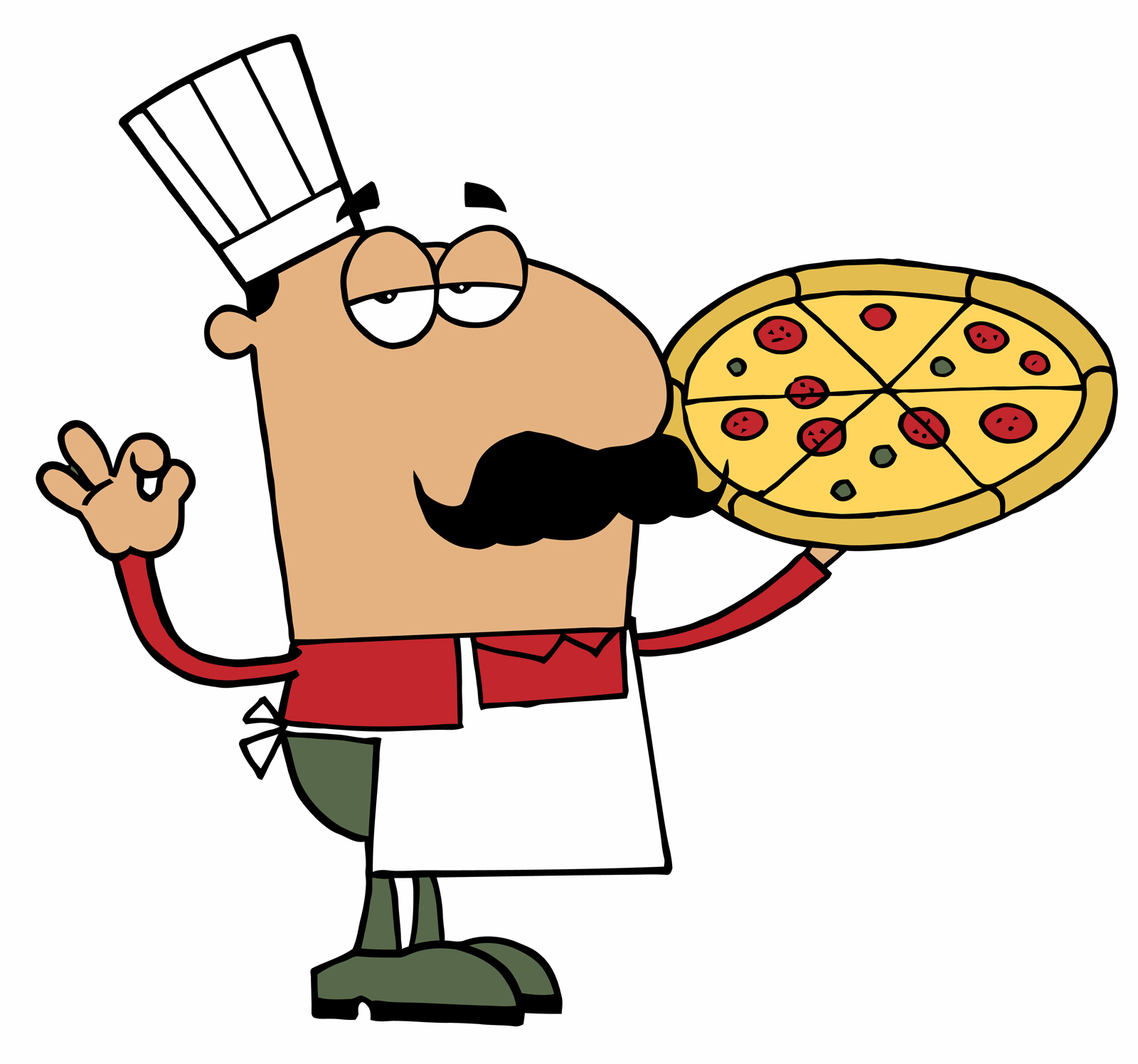 Cartoon chef with mustache holding a pepperoni pizza and making an OK gesture.