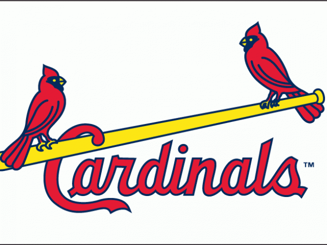 St. Louis Cardinals logo featuring two red cardinals on a yellow bat with team name in script.