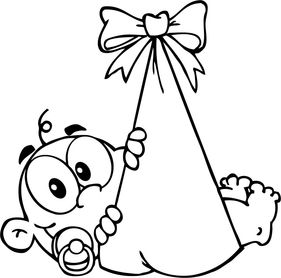 Cute cartoon baby holding a gift bag with a bow, pacifier in mouth, smiling joyfully.
