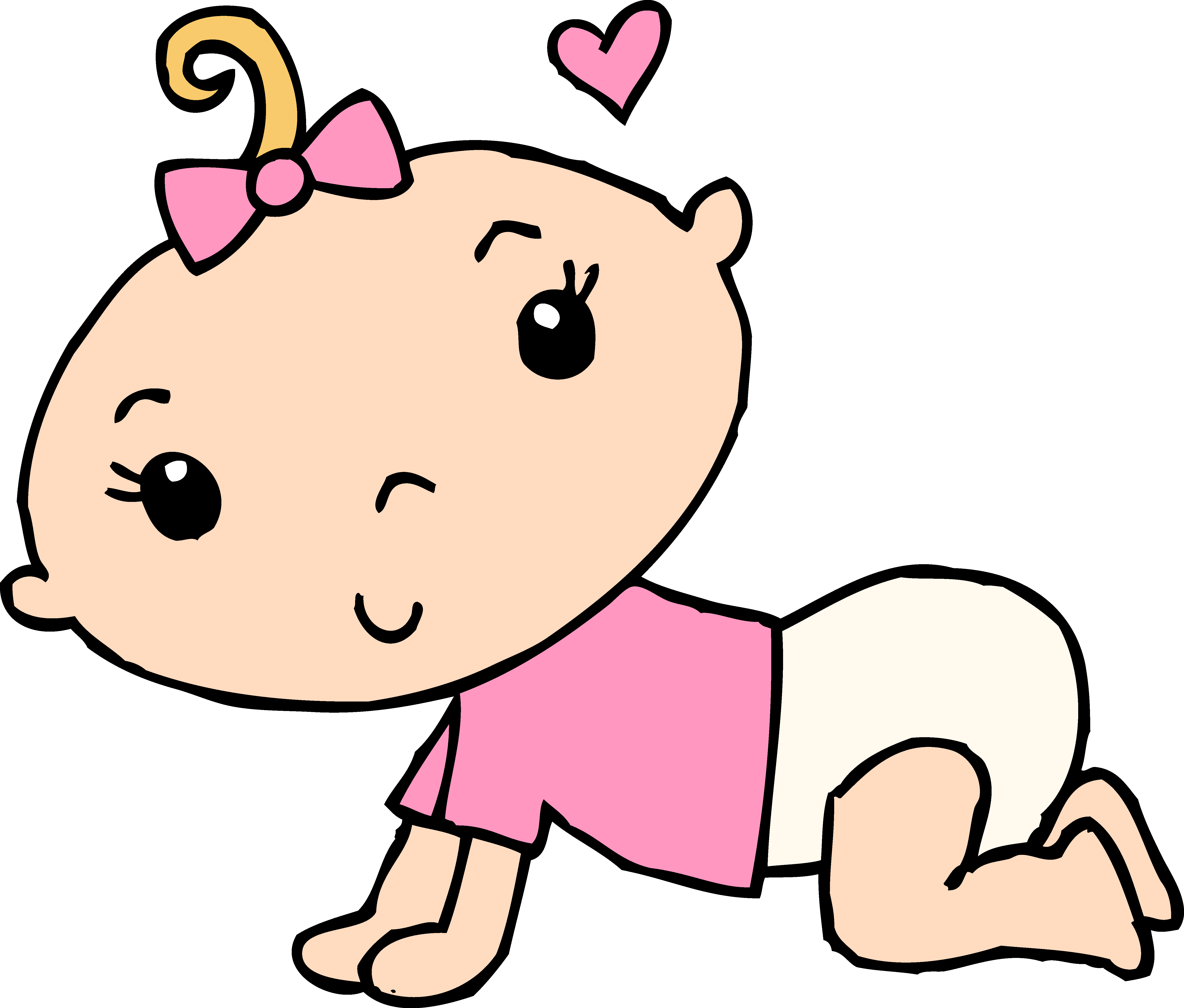 Cute cartoon baby girl crawling with pink bow and heart, smiling joyfully.