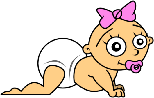 Cute cartoon baby girl crawling in diaper with pink bow and pacifier.