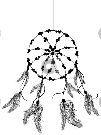 Black-and-white hand-drawn dreamcatcher with beaded web, feathers, and hanging strands on white background.