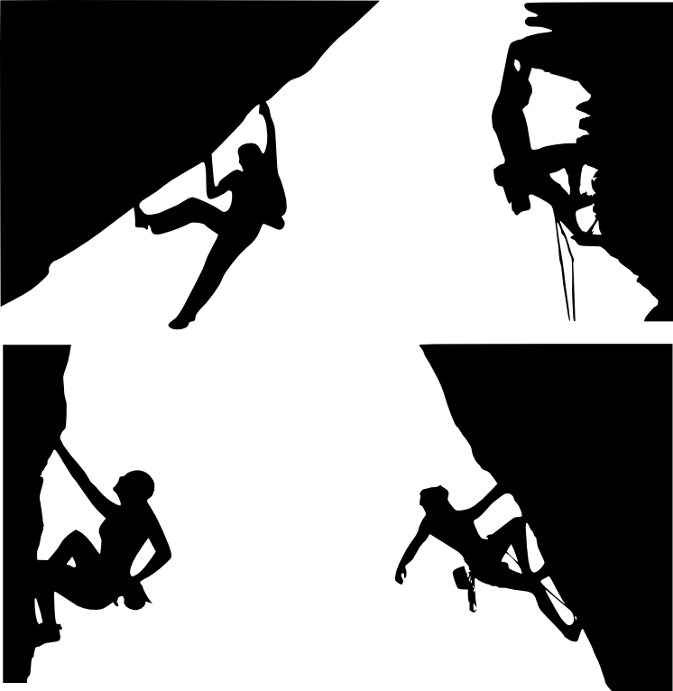 Four black silhouettes of rock climbers on steep cliffs in dynamic poses against a white background.