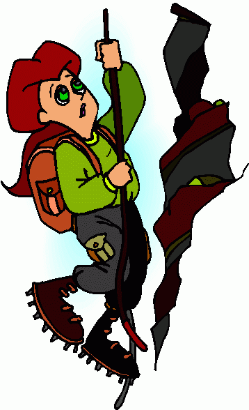 A cartoon climber with red hair, green shirt, and crampons ascends a rocky cliff using a rope and ice axe.