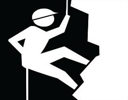 White silhouette of a climber ascending a rock face with rope and helmet on black background.