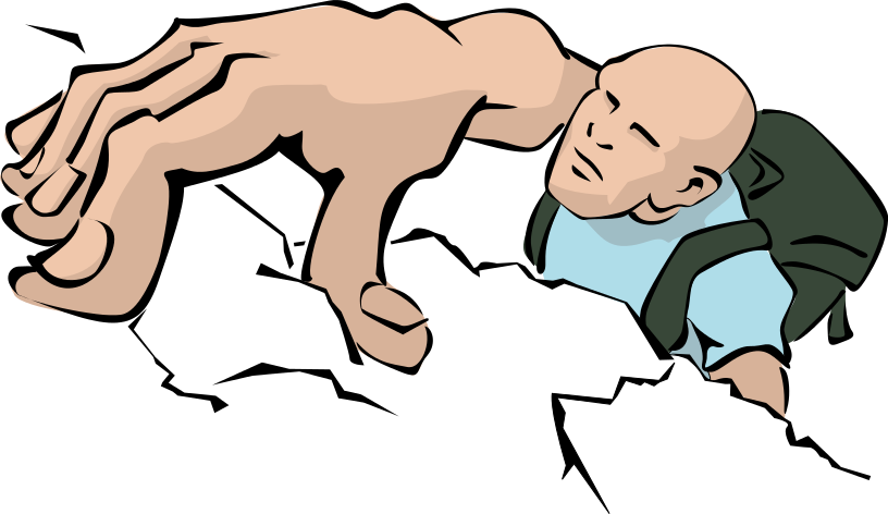 A giant hand reaches down to rescue a hiker trapped in a cracked earth fissure.