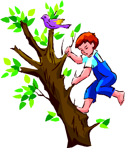 A young boy with red hair climbs a leafy tree while a purple bird with yellow wings perches on a branch above him.