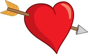 A vibrant red heart pierced by a golden-feathered arrow, symbolizing love and romance.