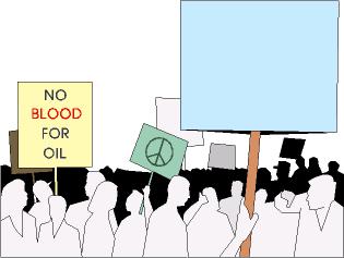 Silhouetted crowd holding protest signs including "NO BLOOD FOR OIL" and peace symbol, advocating against oil-driven conflict.