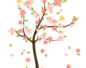 Two cheerful birds perched on a blossoming cherry tree with pink flowers and falling petals.