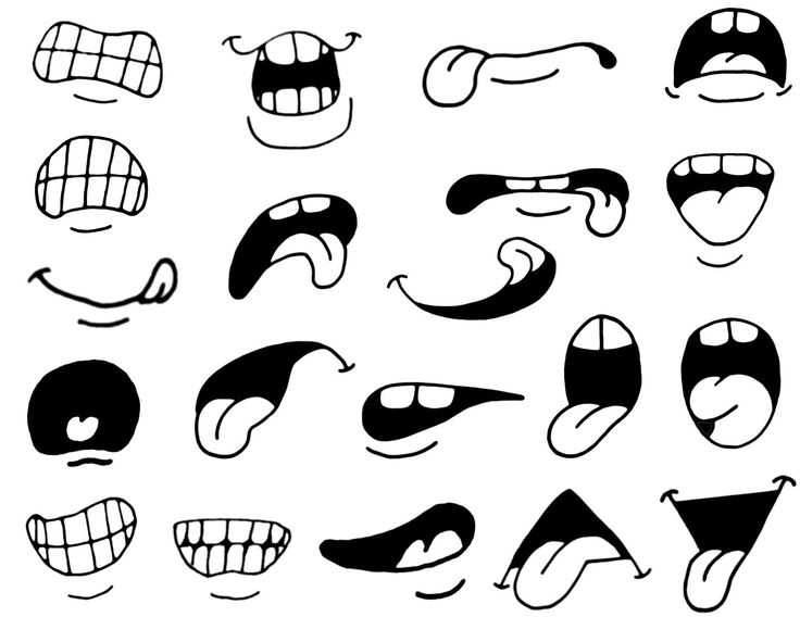 Collection of 20 hand-drawn cartoon mouth expressions showing various emotions and speech shapes.