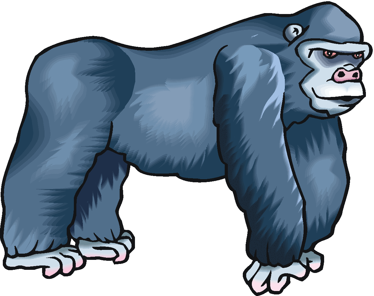 Stylized cartoon gorilla standing upright with dark blue fur, intense red eyes, and a stern expression.