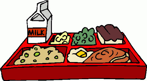 A cartoon-style school lunch tray with milk, mashed potatoes, green beans, scrambled eggs, meat, and a dessert.