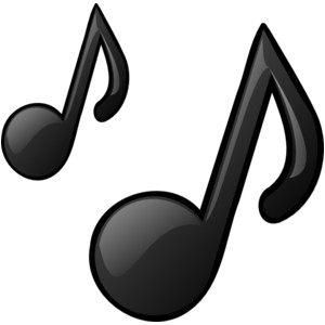 Two glossy black musical eighth notes on a white background, symbolizing music and sound.