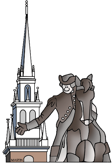 Colonial-era figure in tricorn hat beside a steepled church labeled "MARTIN"