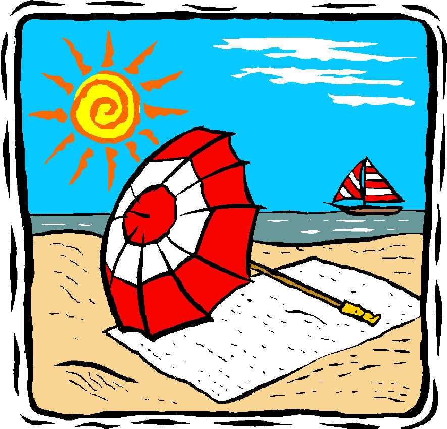 Sunny Beach Scene with Umbrella and Sailboat - Relaxing Coastal Illustration