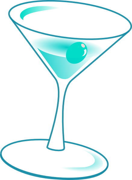 Teal cocktail in a martini glass with olive garnish, minimalist vector illustration.