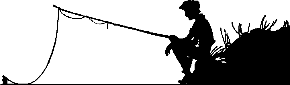 Silhouette of a person fishing from a rocky bank with a bent rod, suggesting a catch.