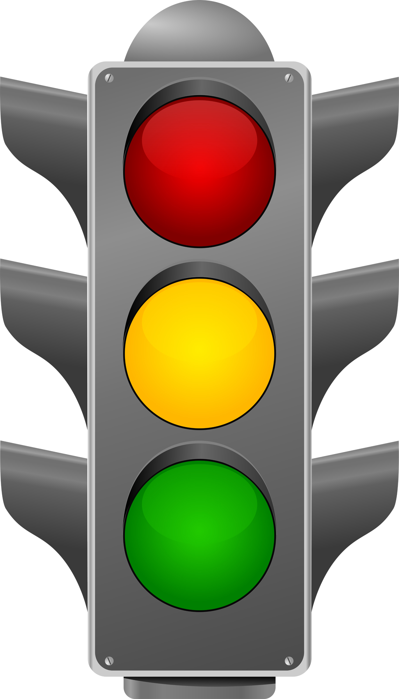 Red, yellow, and green traffic light signal with all lights illuminated on a metallic housing.