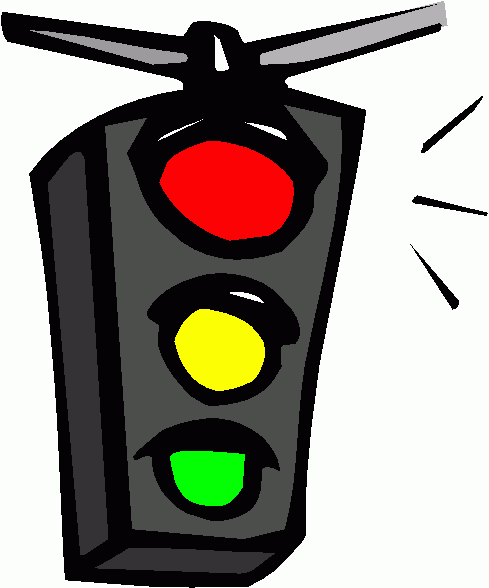 Red traffic light illuminated with yellow and green lights off, indicating stop; stylized cartoon illustration with motion lines.