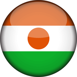 Glossy 3D-rendered Niger flag in circular badge style with orange, white, and green horizontal stripes and central orange disc.