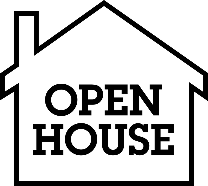 Black-and-white house outline with "OPEN HOUSE" text inside, symbolizing real estate events.