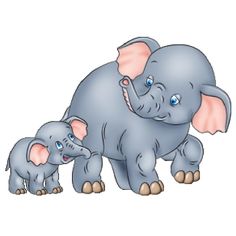 A gentle cartoon mother elephant walking beside her baby elephant, both smiling with pink ears and blue eyes.