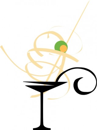 Stylish martini glass with olive garnish and elegant swirls, representing classic cocktail artistry.