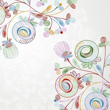 Hand-drawn floral doodle pattern with colorful swirls, leaves, and blossoms on a light textured background.