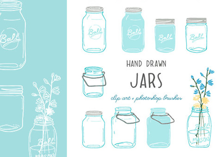 Hand-drawn mason jars in various styles with floral accents, illustrated in light blue and white line art.