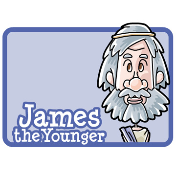 Cartoon illustration of James the Younger, an elderly man with gray hair and beard, wearing a headband and holding a scroll.