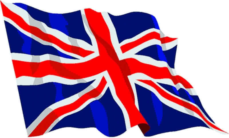 Waving Union Jack flag of the United Kingdom with vibrant red, white, and blue colors on a white background.