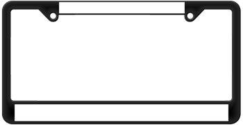 Black metal license plate frame with top and bottom mounting slots, blank for customization.