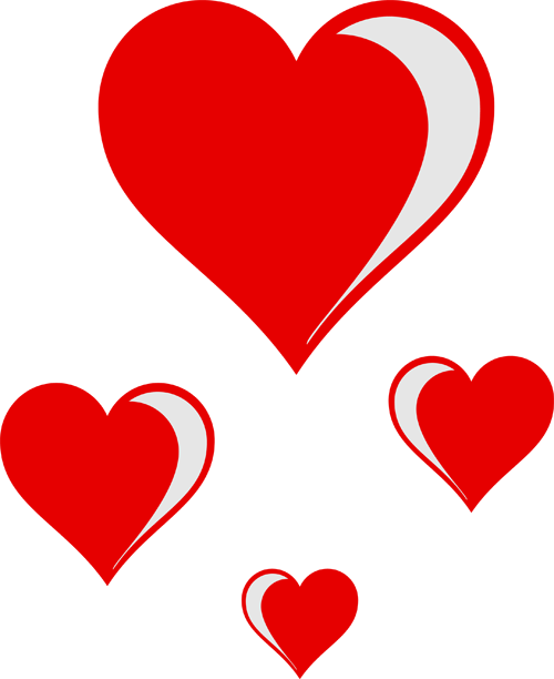 Four red hearts of varying sizes arranged on a white background, symbolizing love and affection.