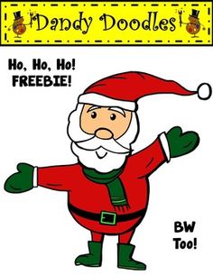 Cheerful cartoon Santa Claus waving with "Ho Ho Ho! FREEBIE!" banner and "Dandy Doodles" logo.