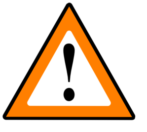Orange triangular warning sign with black exclamation mark on white background.