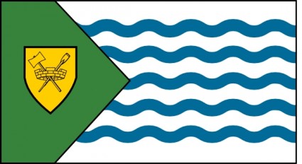 Flag of the District of Rhineland-Palz, Germany, featuring green, white, and blue with a yellow shield bearing crossed oars and a basket.