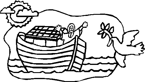 Noah’s Ark floating on waves with dove carrying olive branch, sun and clouds above.
