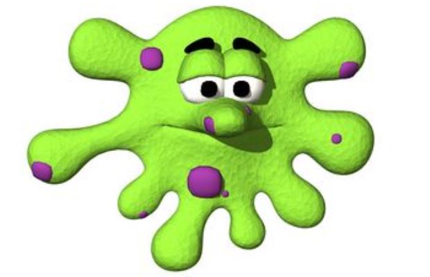 Friendly green slime character with purple spots, expressive eyes, and a playful shape.