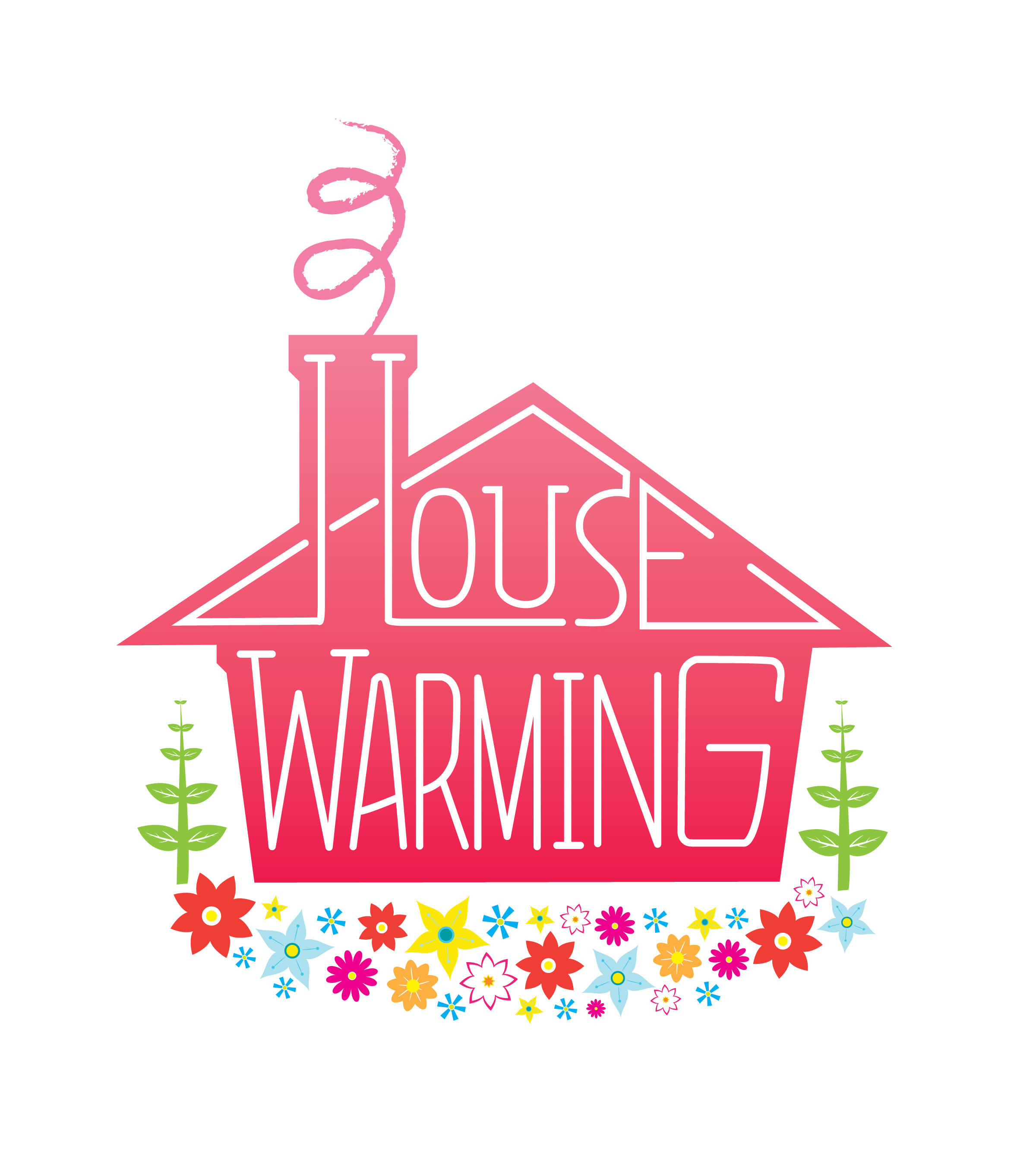 Pink house-shaped logo with "House Warming" text, chimney smoke, green plants, and colorful flowers at base.