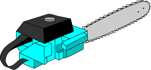 Stylized cyan and black electric chainsaw with gray bar and chain, isolated on black background.