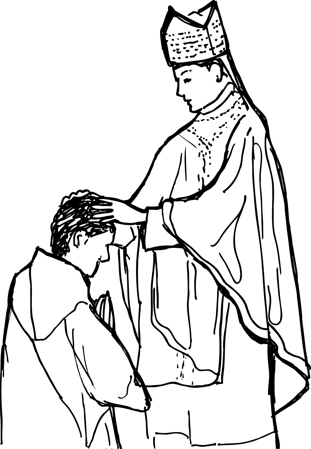 A bishop in traditional vestments anoints a kneeling penitent with oil during a sacramental rite.