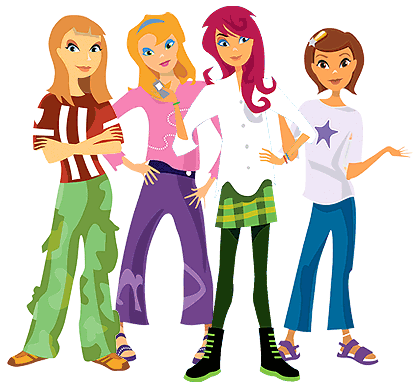 Four stylish animated teenage girls posing together in colorful casual outfits.