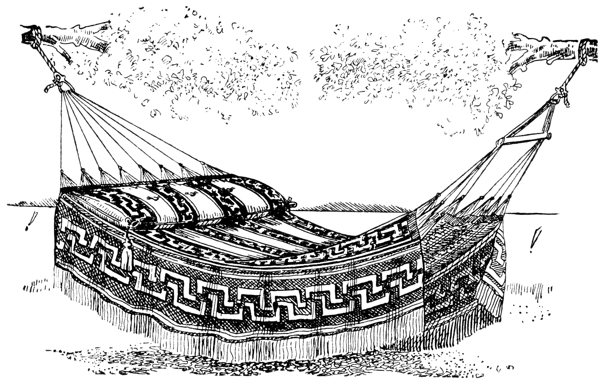 Intricately patterned woven hammock suspended between two trees, featuring geometric designs and fringe details in a black-and-white illustration.