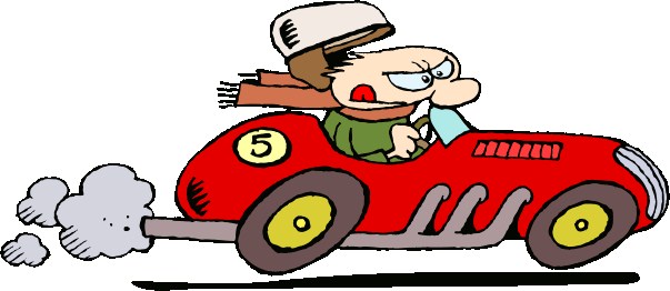 A cartoon man with a determined expression races a red vintage car marked with number 5, exhaust smoke trailing behind.