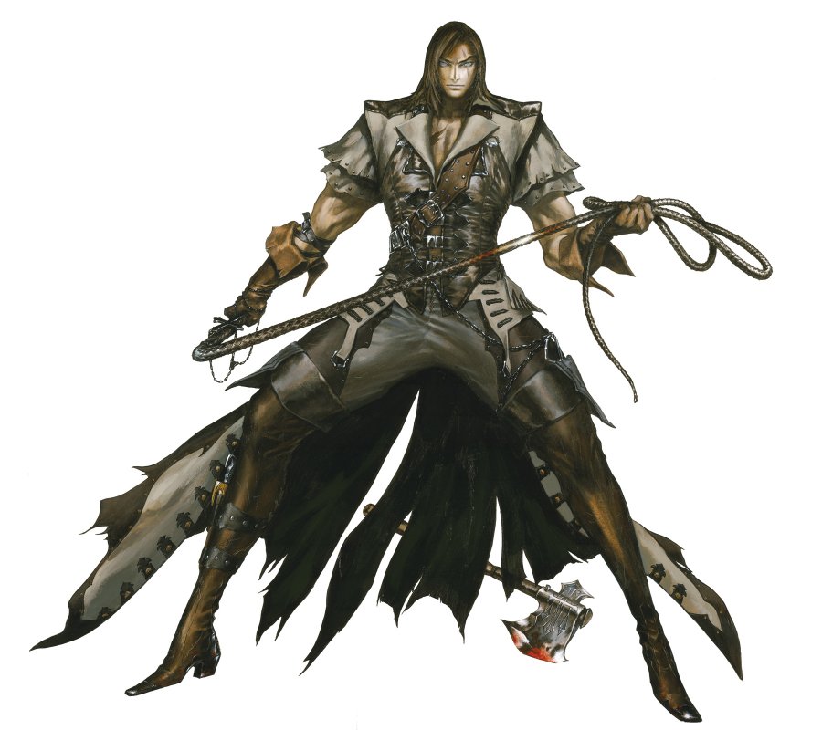 A dark fantasy warrior with long hair, leather armor, and a whip and axe, posed dynamically against white background.