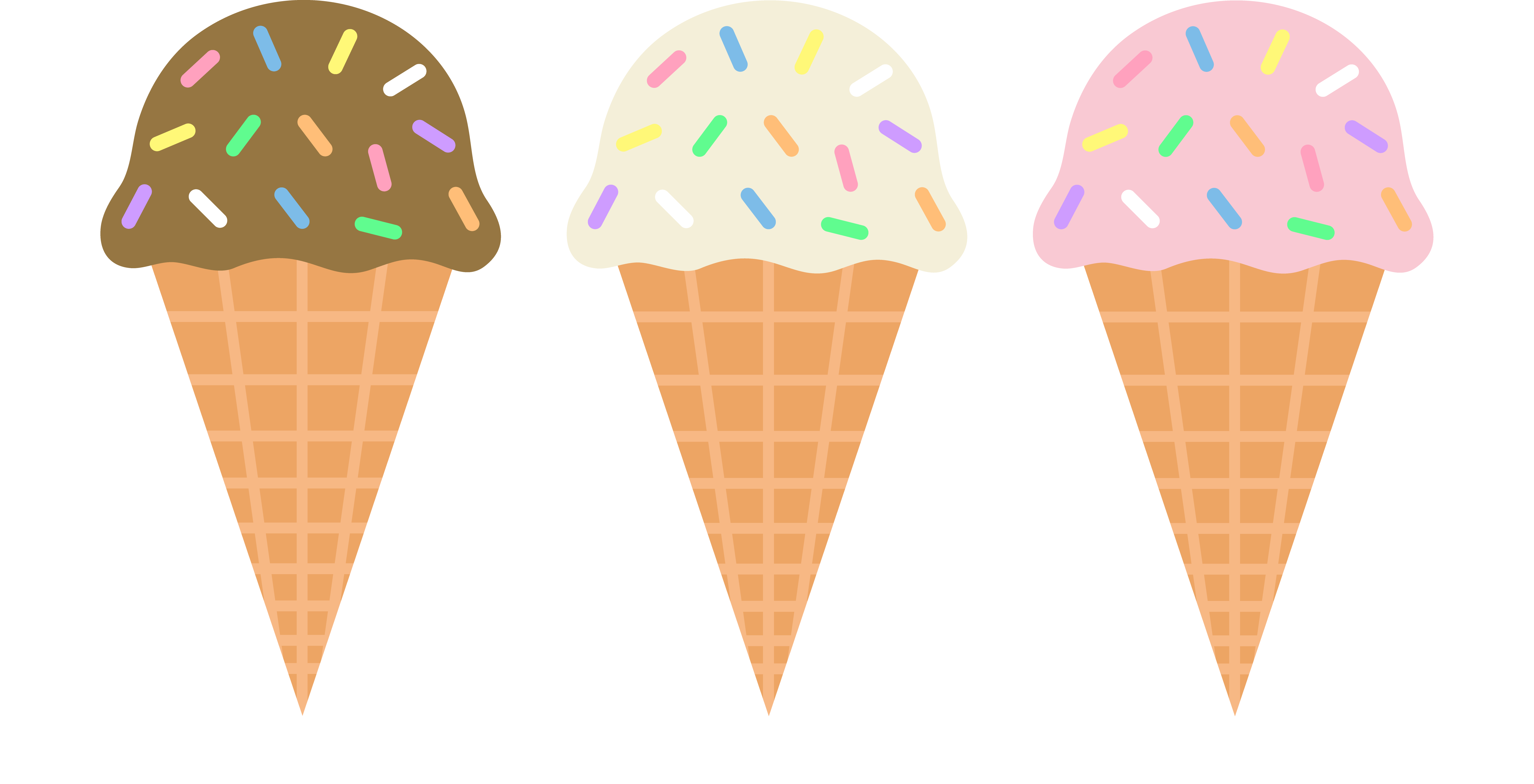 Three colorful ice cream cones-chocolate, vanilla, and strawberry-with rainbow sprinkles on a waffle cone base.