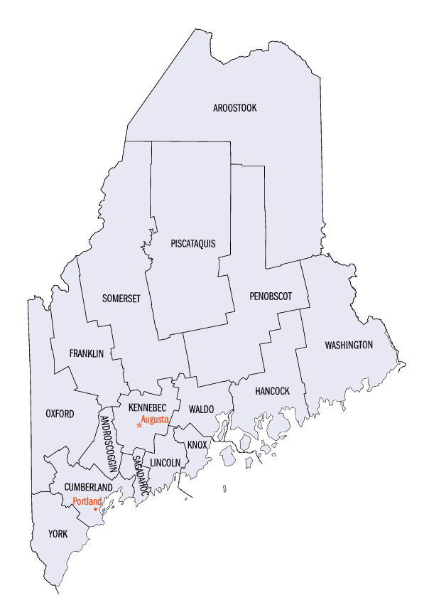 Maine County Map - Capital Augusta & Major Cities