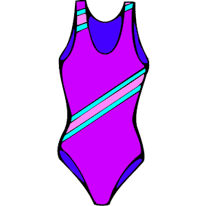 Vibrant purple one-piece swimsuit with diagonal teal and pink stripes and blue trim.