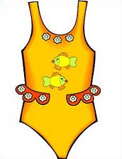 Bright yellow children's one-piece swimsuit with two green fish and floral trim details.